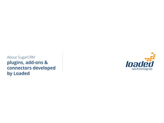 Event Management Solution
The User
An email is sent
with a unique link
to the website.
The user visits the
website, enters
details and registers
and/or pays.
User submits or
completes checkout, a
registration record is
created.
Sugar CRM
Campaigns Module
Manages email campaigns
Target Lists
Email
Template
Leads/Con
tacts
Products
line items/
pricing
Events Module
Manages events; used to display
website content
Event Registration
Registration / Application /
Purchase
Integrating Website, Marketing campaigns, Event registration
An Overview of
Loaded
 