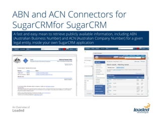 CRM, Web and LMS platform
The User
User creates
profile on
website
User redirected to
LMS, and submits
scholarship application
Integrated solution to automate scholarship application
processing, resulting in 300% increase in scholarships offered
Website
SugarCRM
Learning
Management
Platform (LMS)
User created in CRM2
5
Assessor grades
scholarship applications
3
Scholarships applications
synchronises back to CRM
4
Admin manages
scholarship
portfolio
5
Emails are sent
to award the
scholarships
6
Active scholarships
displayed on website
1
User receives email of
the result of application
for a scholarship
An Overview of
Loaded
 