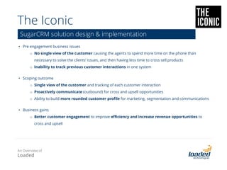 Email 2 Sugar
A smart, automated email archiving tool for SugarCRM. E2S automatically archives
sent and received emails in relevant Sugar modules, using email address matching.
• Automated email archiving to
SugarCRM Lead, Contact, and
Account modules
• Supports the same email clients
that SugarCRM supports 'out of
the box’
• Automatic email attachment
filing and unread email
notifications
Email is automatically archived to
Lead, Contact & Accounts modules
The User Sends an email either
from Sugar or from
email client
An Overview of
Loaded
 