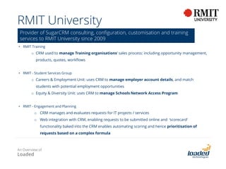 Org Charts for SugarCRM
Visualise contacts in context for more effective selling
• Understand who’s who for all
your Accounts and
Opportunities
• Identify buyer roles like
technical, influencers & decision
makers
• Engage with the right people at
the right time for each
opportunity
Instantly visualises and identifies
decision makers and influencers
The User Creates an Account or
Opportunity in Sugar
An Overview of
Loaded
 