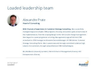 Loaded leadership team
Alexandre Prate
Head of Consulting
With 15 years of experience in Customer Strategy Consulting, Alex successfully
managed large and complex CRM programs, focusing on business gains at each step of
the implementation, from the scoping/design to the roll-out and change management.
Alex began his career progression at Unilog Management (Logica/CGI) from CRM
consultant to CRM manager and became General Manager of CRM Advise, Customer
Strategy Consulting (Paris). Alex is passionate and strongly committed to deliver high
value to his customers, through comprehensive CRM methodologies.
BA, Middlesex University (London) / Reims School of Management (France). HEC
Entrepreneurs (France).
An Overview of
Loaded
 