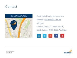 Contact
1300 LOADED Email: info@loadedtech.com.au
Website: loadedtech.com.au
Address:
Ground Floor, 221 Miller Street,
North Sydney, NSW 2060. Australia
An Overview of
Loaded
 