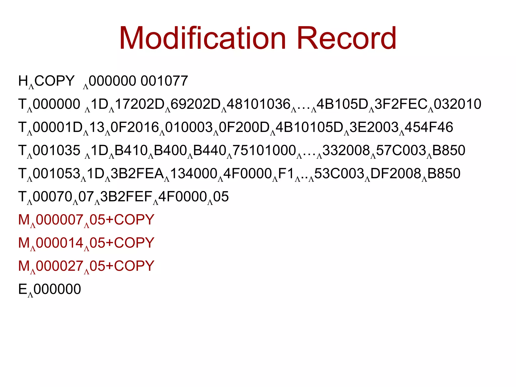 Modification Record H  COPY   000000 001077 T  000000   1D  17202D  69202D  48101036  …  4B105D  3F2FEC  032010 T  00001D  13  0F2016  010003  0F200D  4B10105D  3E2003  454F46 T  001035   1D  B410  B400  B440  75101000  …  332008  57C003  B850 T  001053  1D  3B2FEA  134000  4F0000  F1  ..  53C003  DF2008  B850 T  00070  07  3B2FEF  4F0000  05 M  000007  05+COPY M  000014  05+COPY M  000027  05+COPY E  000000 