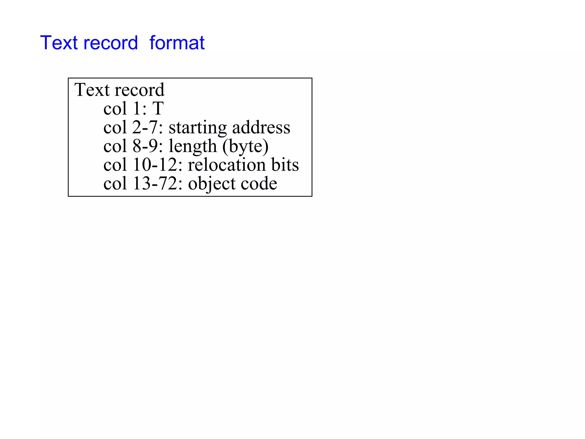 Text record  format Text record col 1: T col 2-7: starting address  col 8-9: length (byte) col 10-12: relocation bits col 13-72: object code 