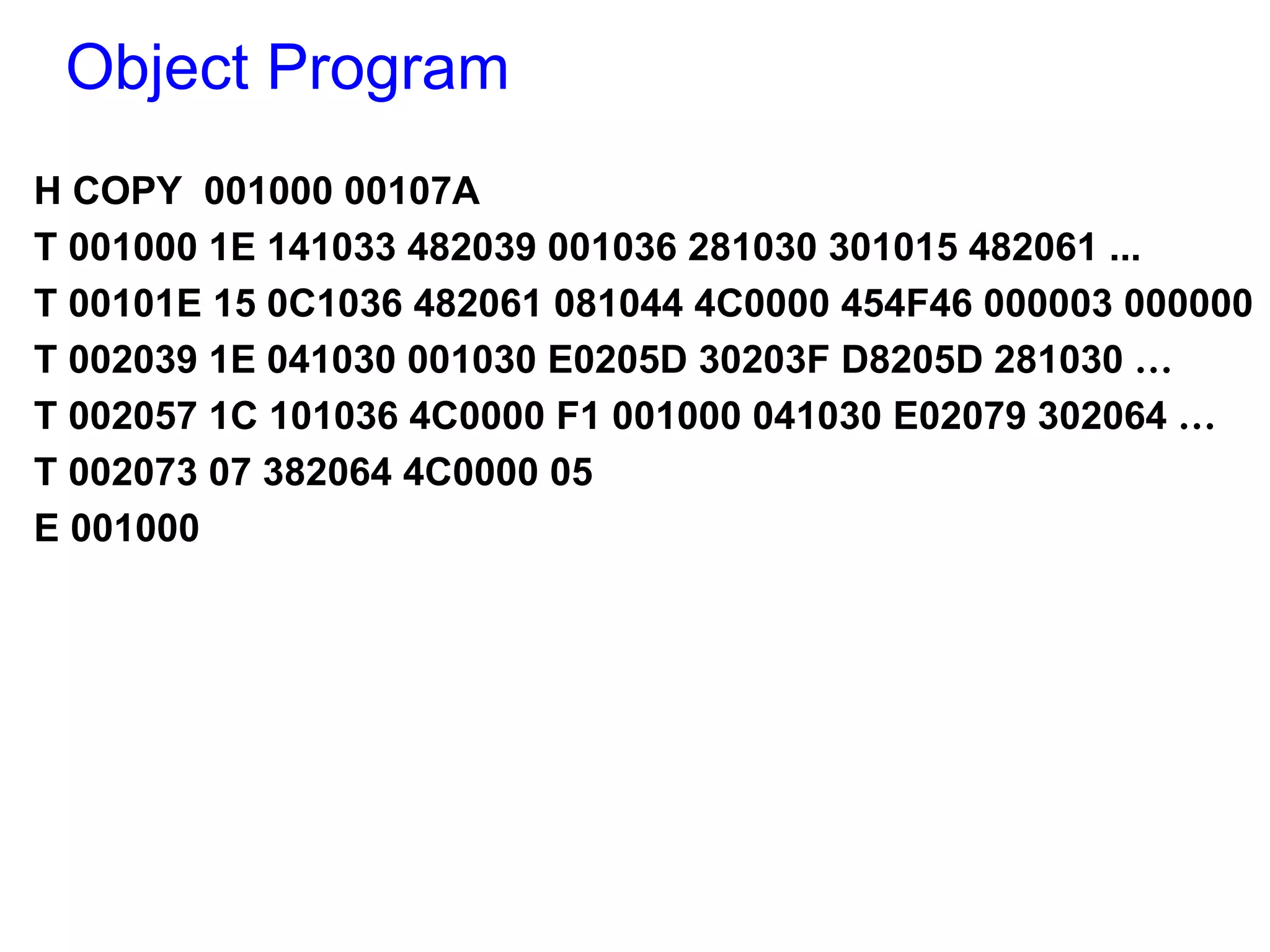 Object Program H COPY  001000 00107A T 001000 1E 141033 482039 001036 281030 301015 482061 ... T 00101E 15 0C1036 482061 081044 4C0000 454F46 000003 000000 T 002039 1E 041030 001030 E0205D 30203F D8205D 281030  … T 002057 1C 101036 4C0000 F1 001000 041030 E02079 302064  … T 002073 07 382064 4C0000 05 E 001000 