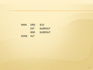 20
MAIN ORG $10
EXT SUBROUT
BSR SUBROUT
DONE HLT
 