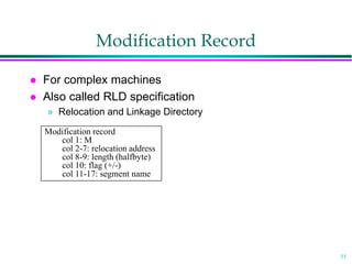 11
Modification Record
 For complex machines
 Also called RLD specification
» Relocation and Linkage Directory
Modification record
col 1: M
col 2-7: relocation address
col 8-9: length (halfbyte)
col 10: flag (+/-)
col 11-17: segment name
 