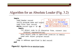 Algorithm for an Absolute Loader (Fig. 3.2)
E.g., convert the pair of
characters “14” (two bytes) in
the object program to a single
byte with hexadecimal value 14
 