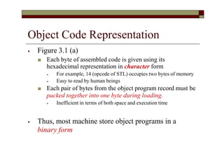 Object Code Representation
⦁ Figure 3.1 (a)
■ Each byte of assembled code is given using its
hexadecimal representation in character form
⦁ For example, 14 (opcode of STL) occupies two bytes of memory
⦁ Easy to read by human beings
■ Each pair of bytes from the object program record must be
packed together into one byte during loading.
⦁ Inefficient in terms of both space and execution time
⦁ Thus, most machine store object programs in a
binary form
 