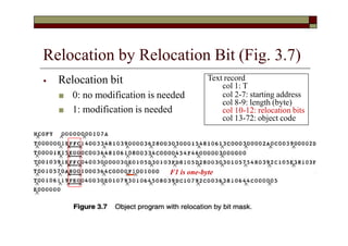 Relocation by Relocation Bit (Fig. 3.7)
⦁ Relocation bit
■ 0: no modification is needed
■ 1: modification is needed
Text record
col 1: T
col 2-7: starting address
col 8-9: length (byte)
col 10-12: relocation bits
col 13-72: object code
F1 is one-byte
 