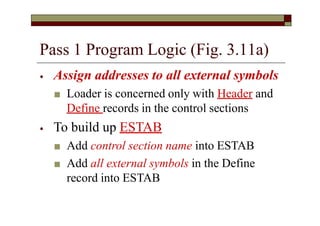 Pass 1 Program Logic (Fig. 3.11a)
⦁ Assign addresses to all external symbols
■ Loader is concerned only with Header and
Define records in the control sections
⦁ To build up ESTAB
■ Add control section name into ESTAB
■ Add all external symbols in the Define
record into ESTAB
 
