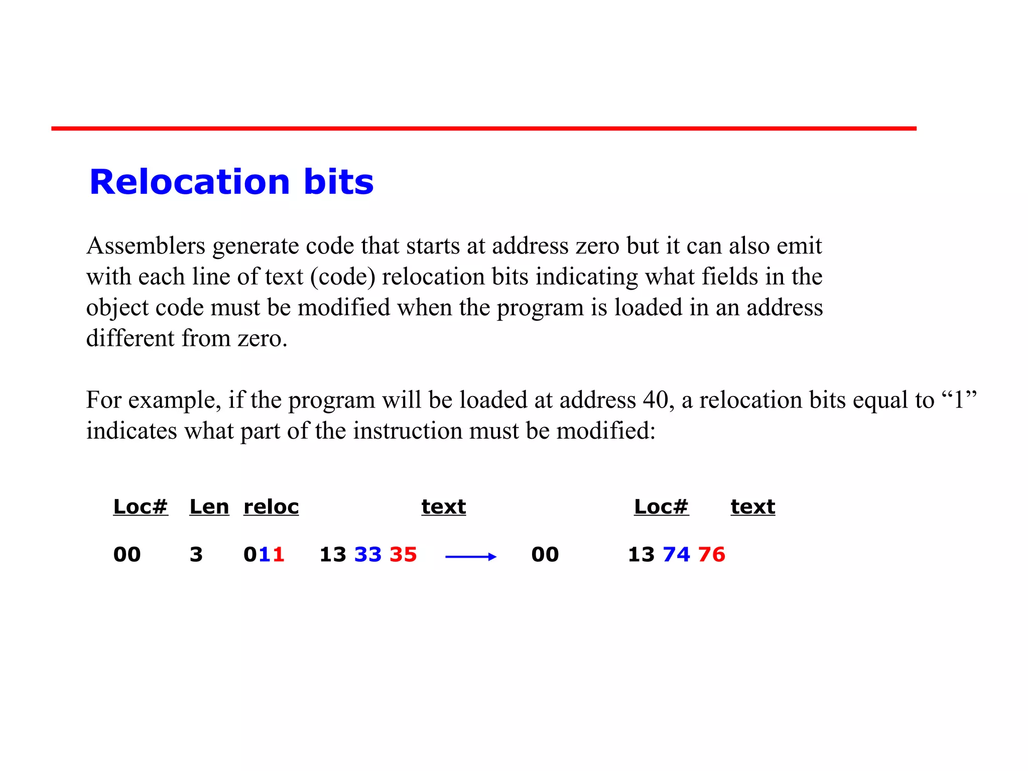 Relocation bits
Assemblers generate code that starts at address zero but it can also emit
with each line of text (code) relocation bits indicating what fields in the
object code must be modified when the program is loaded in an address
different from zero.

For example, if the program will be loaded at address 40, a relocation bits equal to “1”
indicates what part of the instruction must be modified:

  Loc#    Len reloc               text                 Loc#       text

  00      3    011     13 33 35              00        13 74 76
 