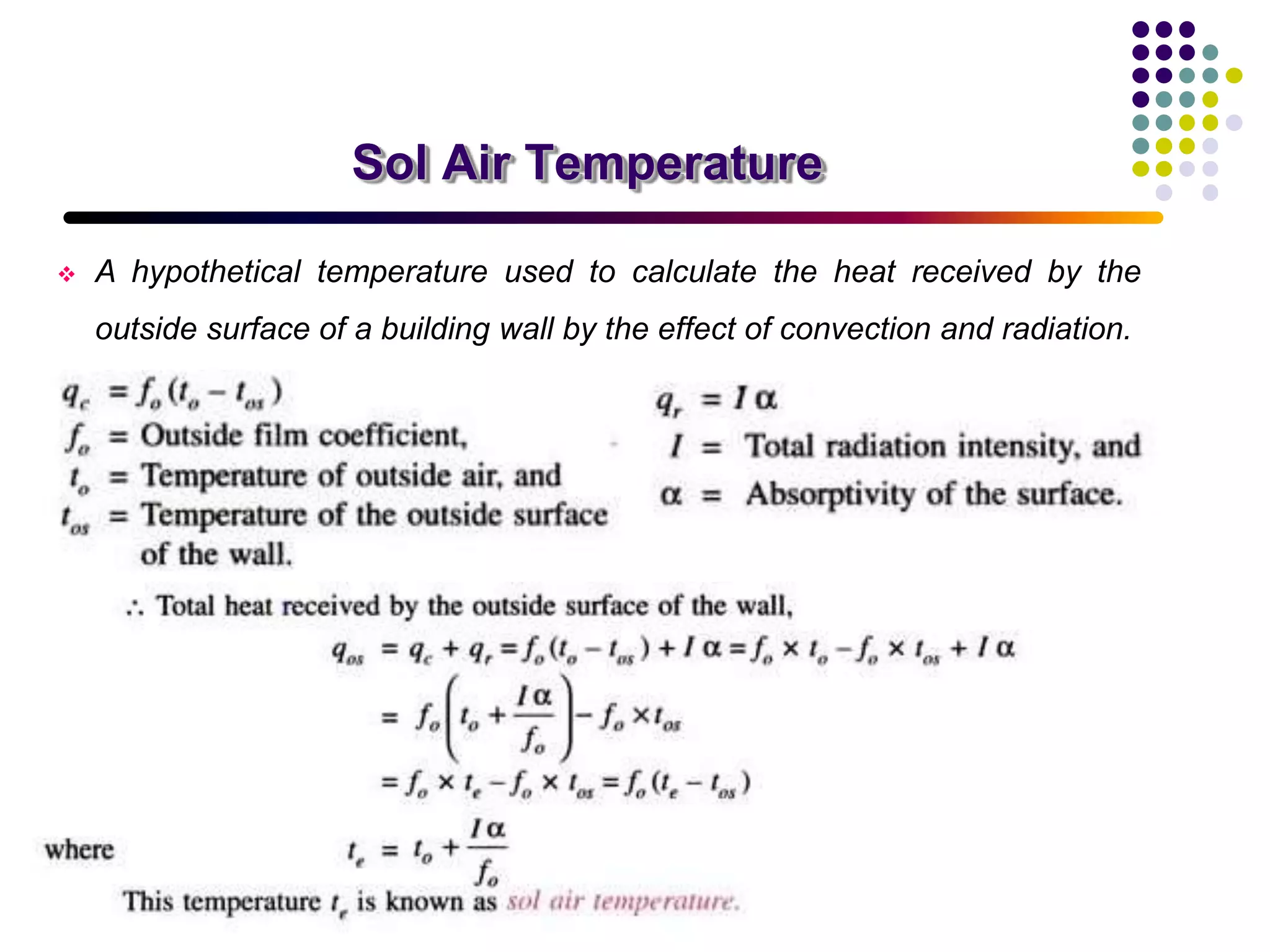 Sol Air Temperature
 A hypothetical temperature used to calculate the heat received by the
outside surface of a building wall by the effect of convection and radiation.
 