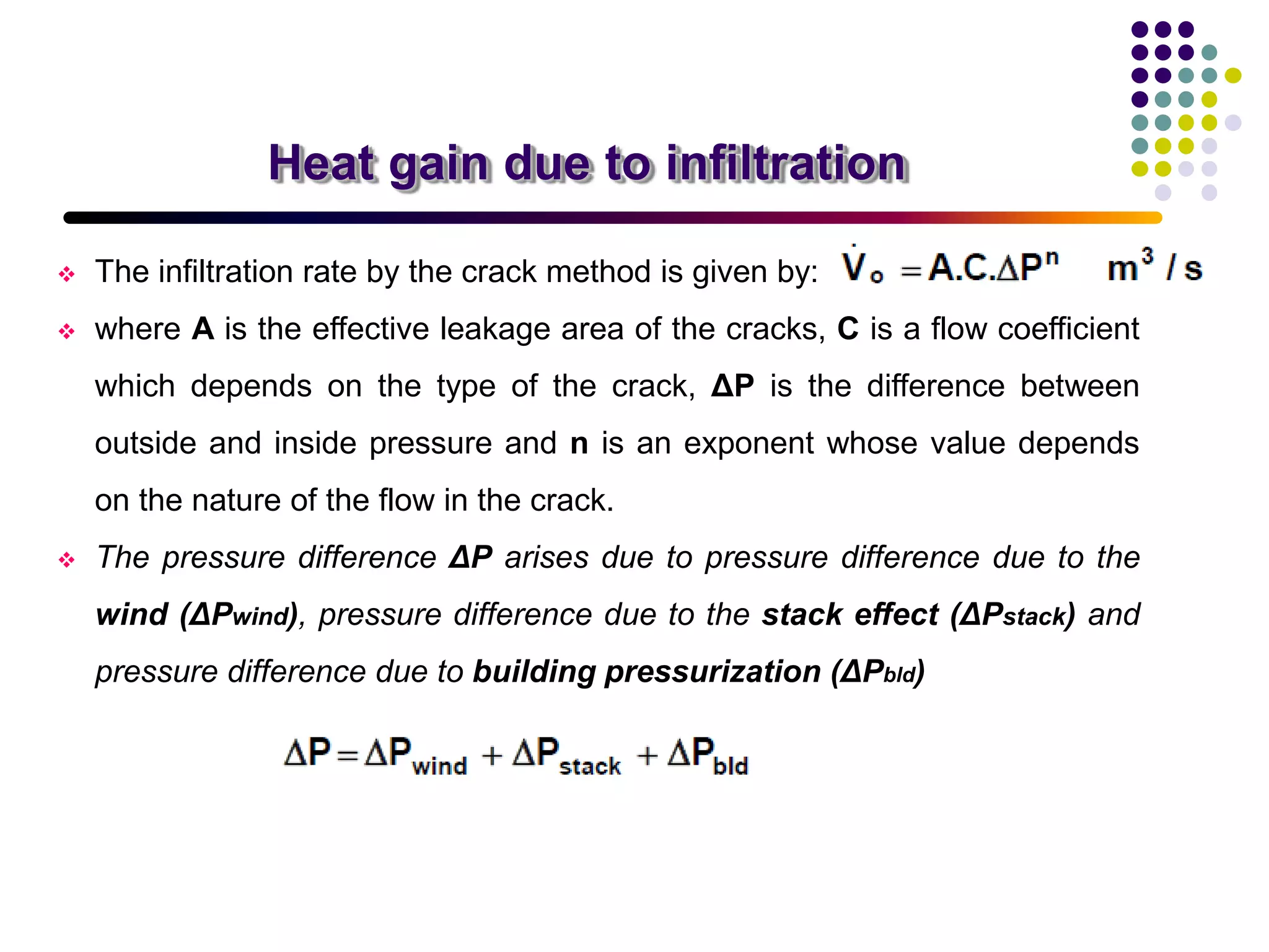  The infiltration rate by the crack method is given by:
 where A is the effective leakage area of the cracks, C is a flow coefficient
which depends on the type of the crack, ΔP is the difference between
outside and inside pressure and n is an exponent whose value depends
on the nature of the flow in the crack.
 The pressure difference ΔP arises due to pressure difference due to the
wind (ΔPwind), pressure difference due to the stack effect (ΔPstack) and
pressure difference due to building pressurization (ΔPbld)
Heat gain due to infiltration
 