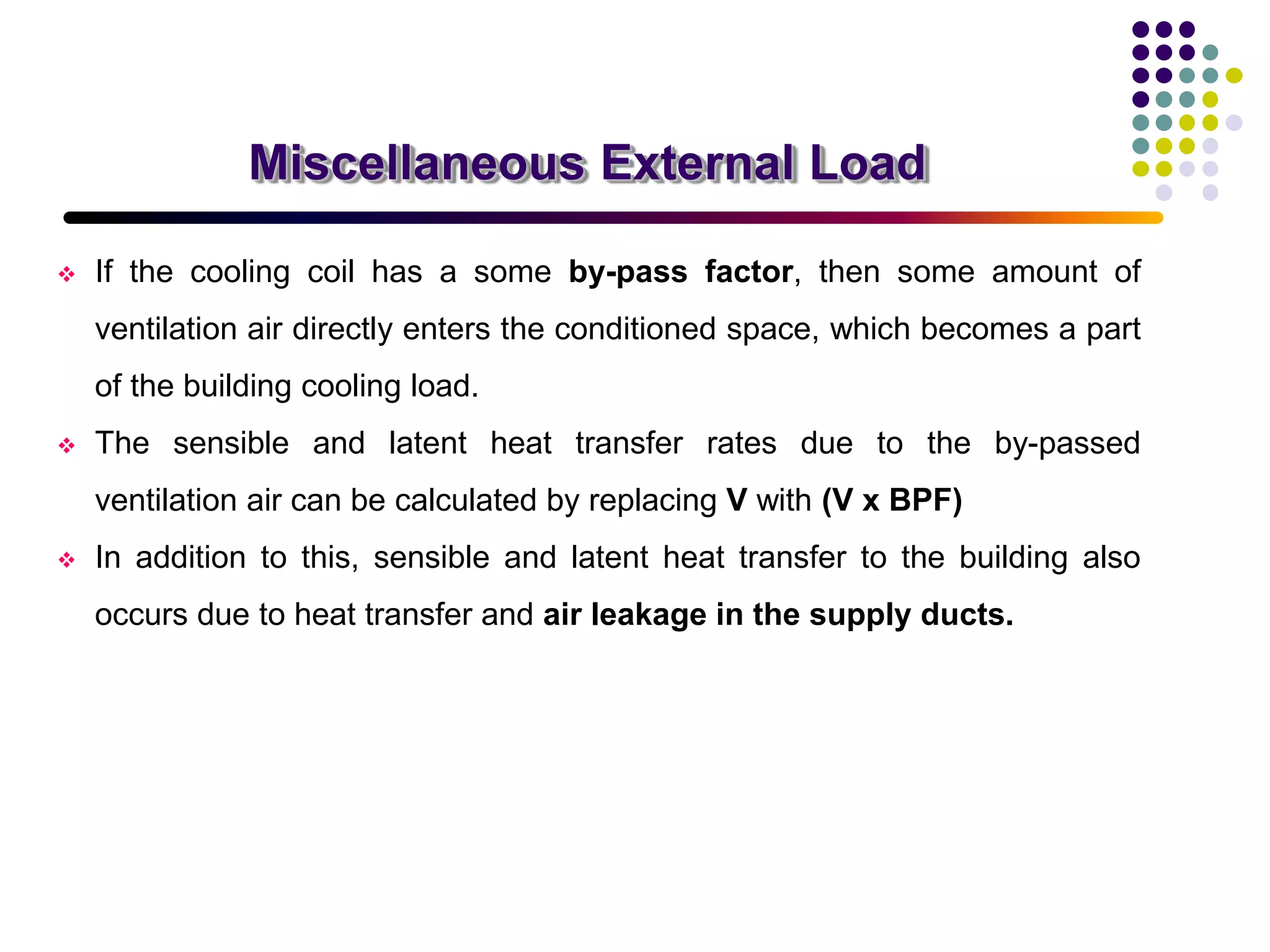  If the cooling coil has a some by-pass factor, then some amount of
ventilation air directly enters the conditioned space, which becomes a part
of the building cooling load.
 The sensible and latent heat transfer rates due to the by-passed
ventilation air can be calculated by replacing V with (V x BPF)
 In addition to this, sensible and latent heat transfer to the building also
occurs due to heat transfer and air leakage in the supply ducts.
Miscellaneous External Load
 