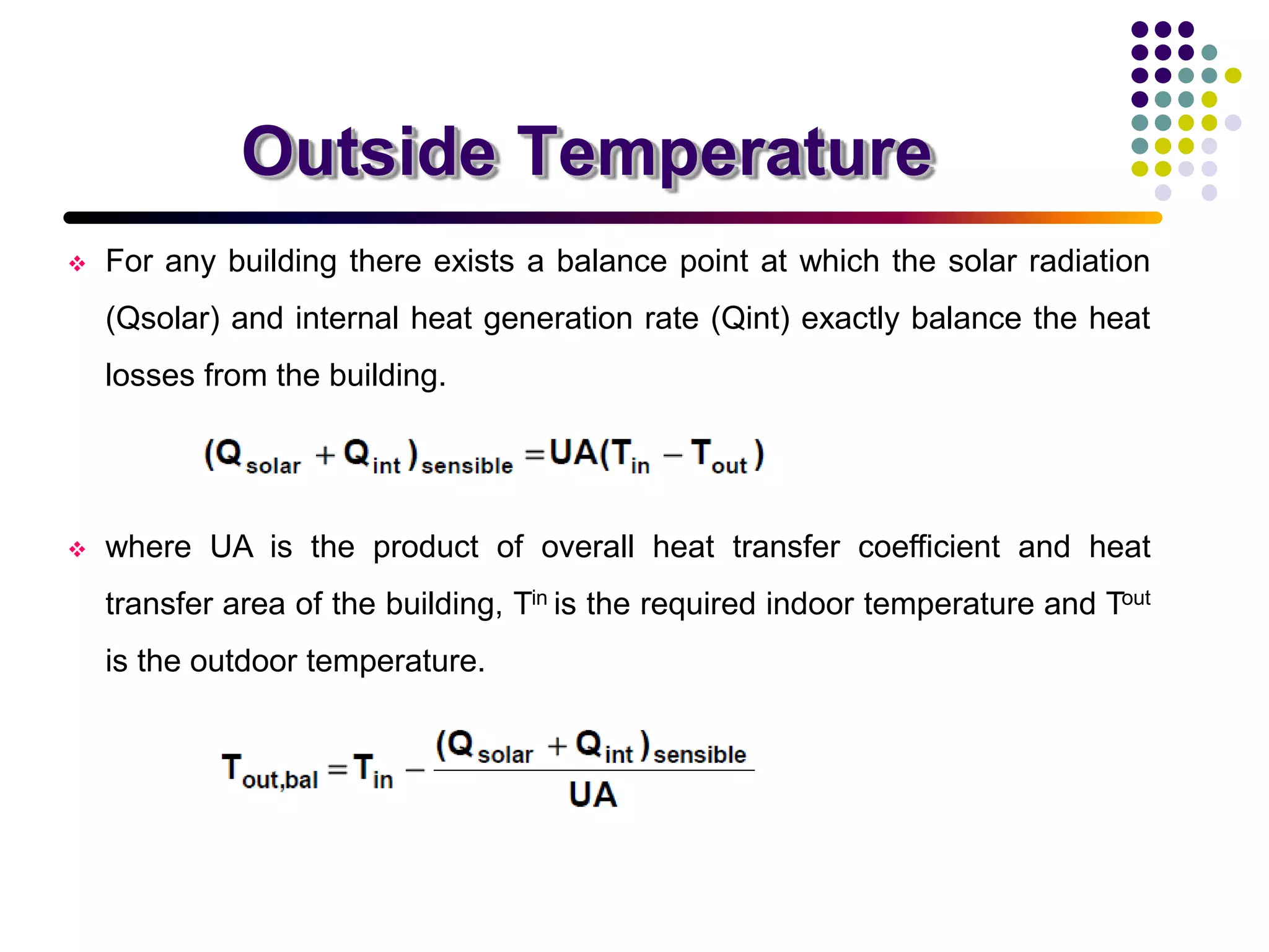 Outside Temperature
 For any building there exists a balance point at which the solar radiation
(Qsolar) and internal heat generation rate (Qint) exactly balance the heat
losses from the building.
 where UA is the product of overall heat transfer coefficient and heat
transfer area of the building, Tin is the required indoor temperature and Tout
is the outdoor temperature.
 