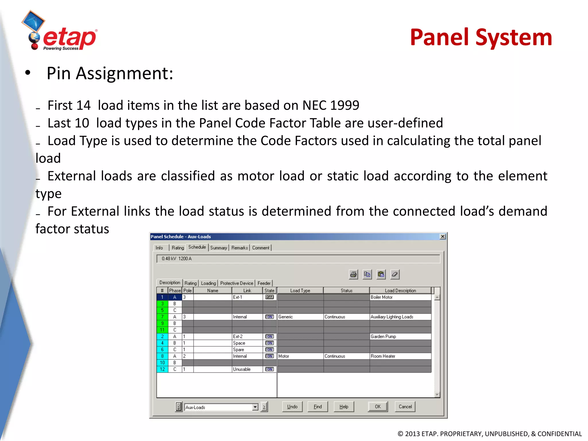 © 2013 ETAP. PROPRIETARY, UNPUBLISHED, & CONFIDENTIAL
₋ First 14 load items in the list are based on NEC 1999
₋ Last 10 load types in the Panel Code Factor Table are user-defined
₋ Load Type is used to determine the Code Factors used in calculating the total panel
load
₋ External loads are classified as motor load or static load according to the element
type
₋ For External links the load status is determined from the connected load’s demand
factor status
• Pin Assignment:
Panel System
 