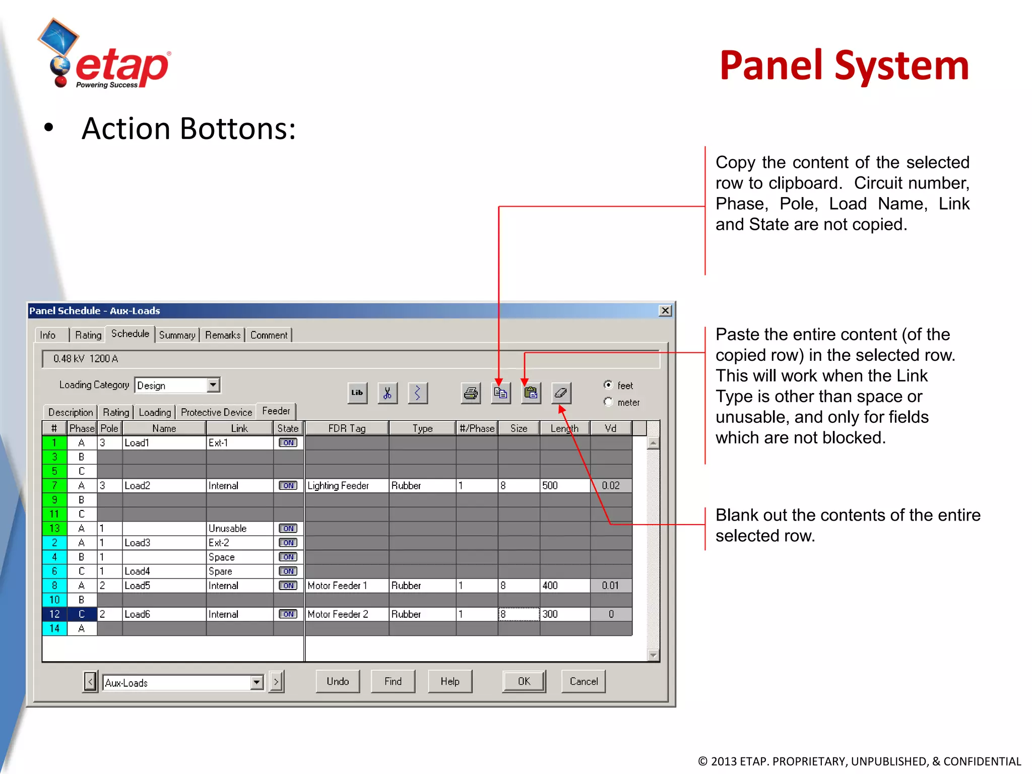 © 2013 ETAP. PROPRIETARY, UNPUBLISHED, & CONFIDENTIAL
Copy the content of the selected
row to clipboard. Circuit number,
Phase, Pole, Load Name, Link
and State are not copied.
Paste the entire content (of the
copied row) in the selected row.
This will work when the Link
Type is other than space or
unusable, and only for fields
which are not blocked.
Blank out the contents of the entire
selected row.
• Action Bottons:
Panel System
 