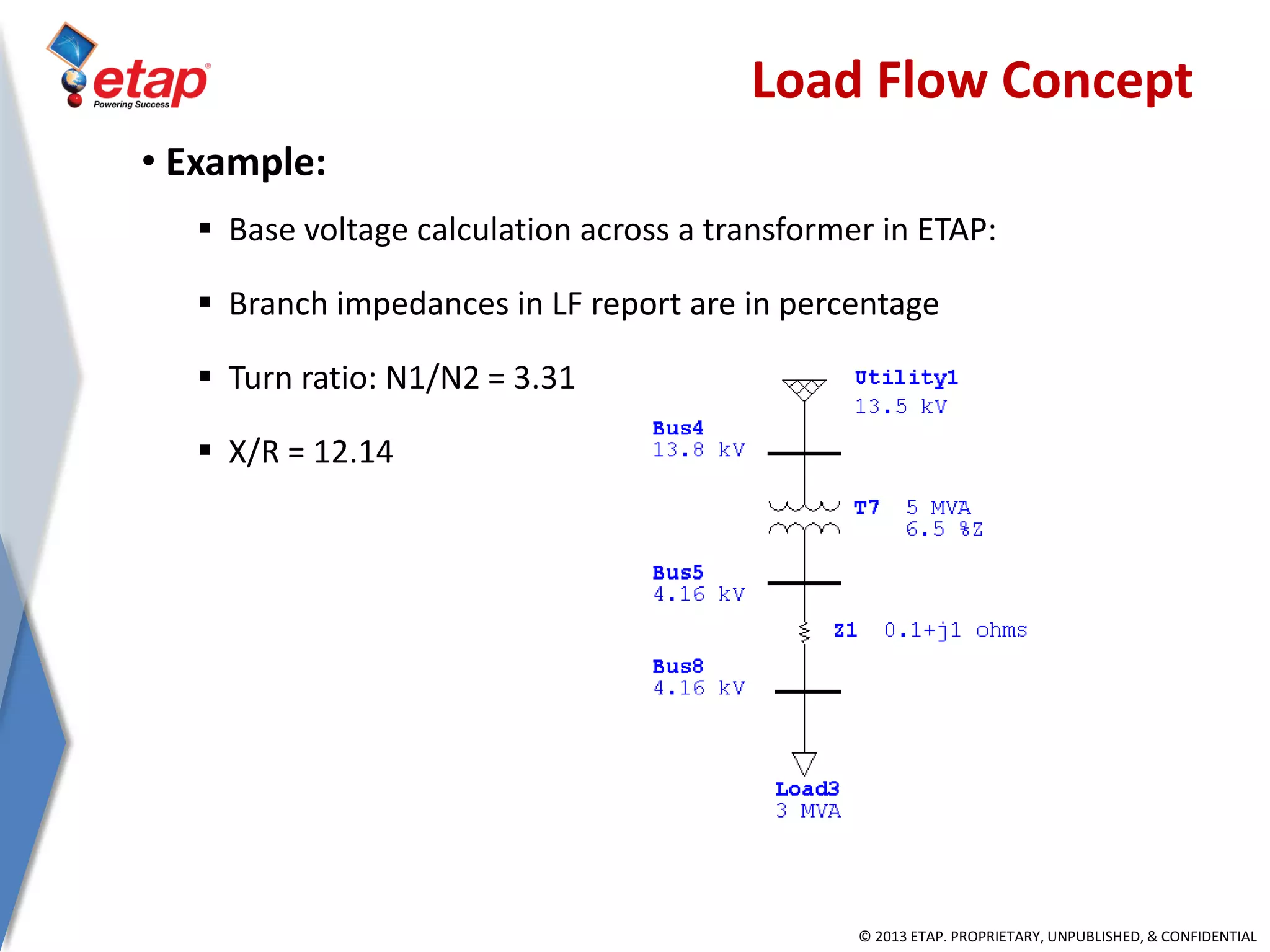 © 2013 ETAP. PROPRIETARY, UNPUBLISHED, & CONFIDENTIAL
• Example:
 Base voltage calculation across a transformer in ETAP:
 Branch impedances in LF report are in percentage
 Turn ratio: N1/N2 = 3.31
 X/R = 12.14
Load Flow Concept
 