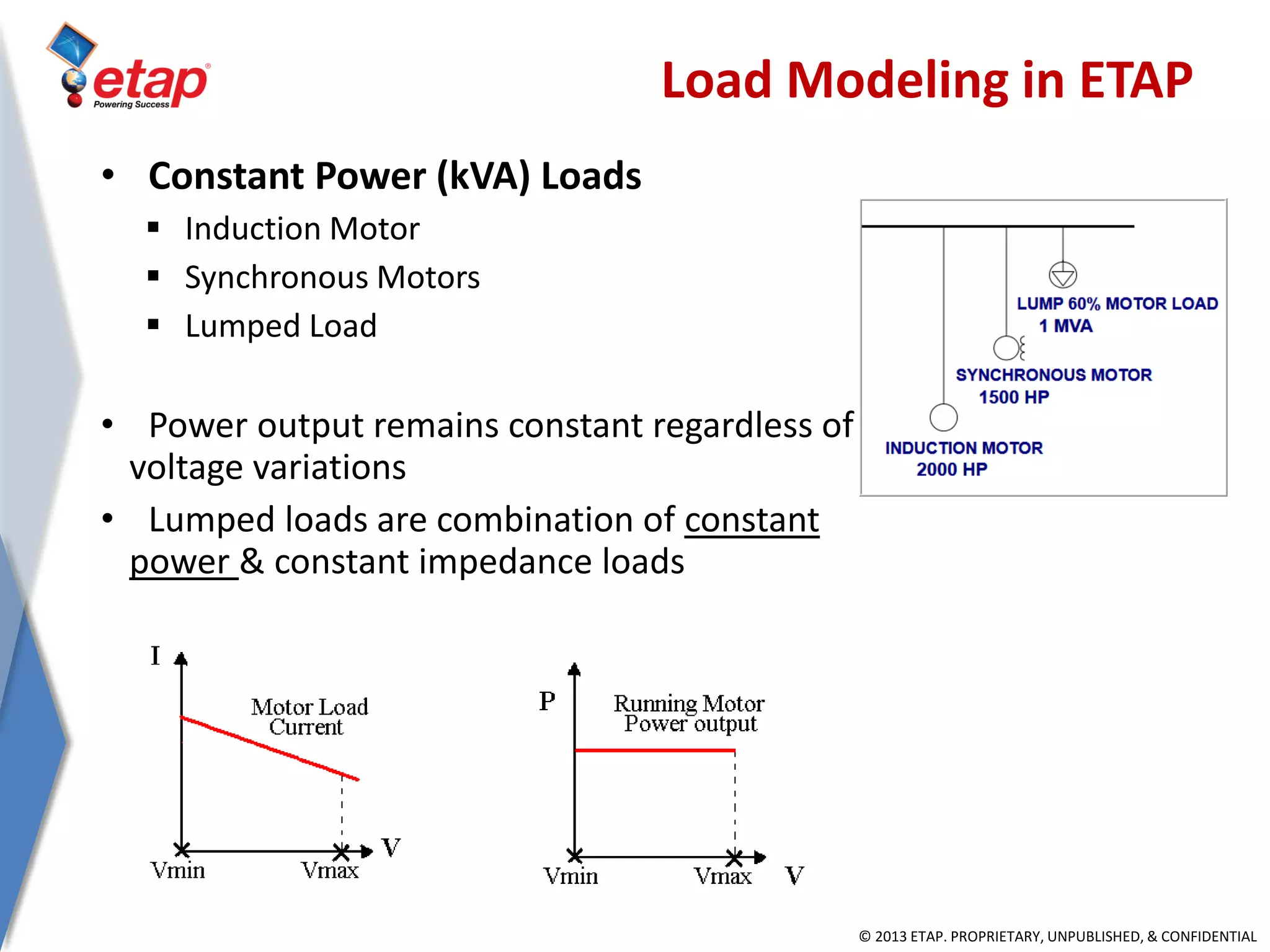 © 2013 ETAP. PROPRIETARY, UNPUBLISHED, & CONFIDENTIAL
• Constant Power (kVA) Loads
 Induction Motor
 Synchronous Motors
 Lumped Load
• Power output remains constant regardless of
voltage variations
• Lumped loads are combination of constant
power & constant impedance loads
Load Modeling in ETAP
 