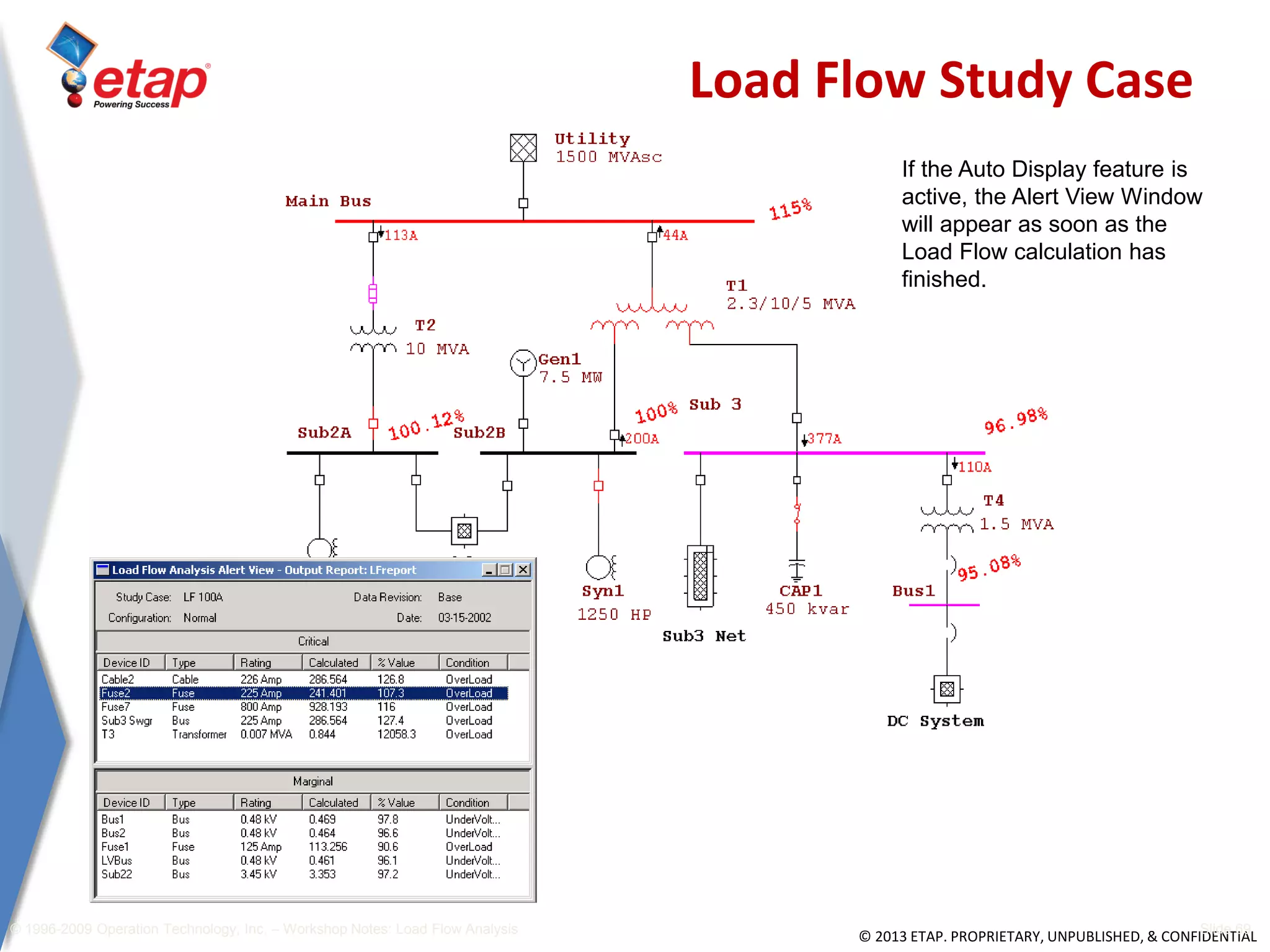© 2013 ETAP. PROPRIETARY, UNPUBLISHED, & CONFIDENTIAL
If the Auto Display feature is
active, the Alert View Window
will appear as soon as the
Load Flow calculation has
finished.
© 1996-2009 Operation Technology, Inc. – Workshop Notes: Load Flow Analysis Slide 69
Load Flow Study Case
 