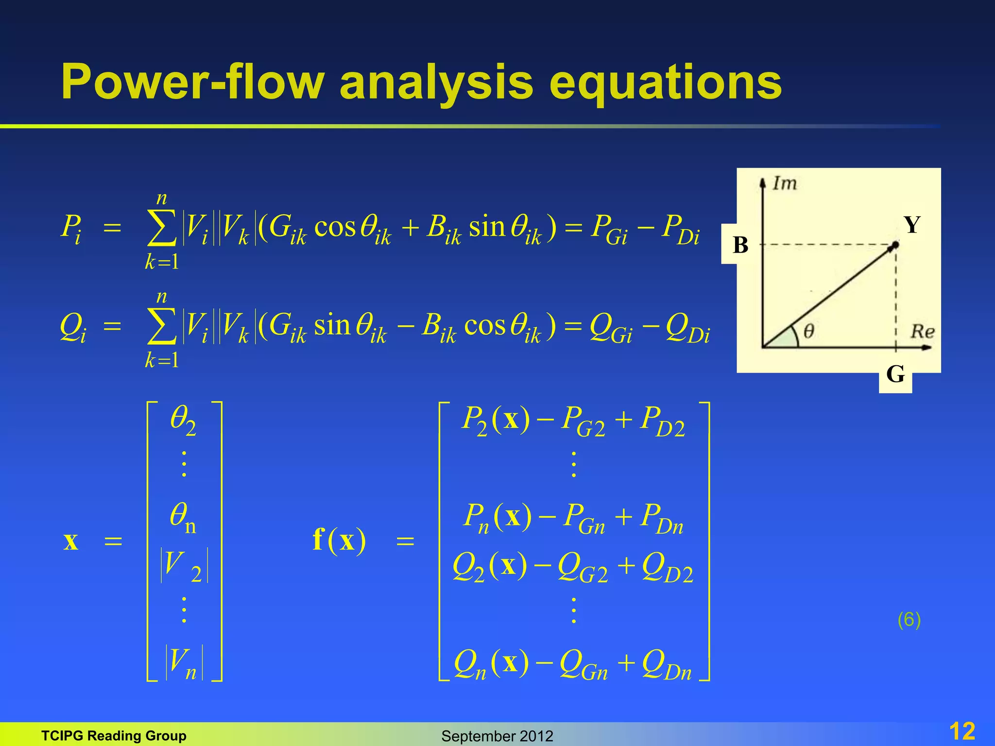 TCIPG Reading Group September 2012 12
Power-flow analysis equations
(6)
1
1
( cos sin )
( sin cos )
n
i i k ik ik ik ik Gi Di
k
n
i i k ik ik ik ik Gi Di
k
P V V G B P P
Q V V G B Q Q
q q
q q


   
   


2 2 2 2
n
2 2 2 2
( )
( )
( )
( )
( )
G D
n Gn Dn
G D
n n Gn Dn
P P P
P P P
V Q Q Q
V Q Q Q
q
q
 
   
   
   
 
   
 
   
 
   
   
   
 
 
 
x
x
x f x
x
x
G
B
Y
 
