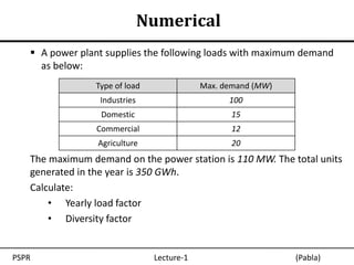 Numerical
    A power plant supplies the following loads with maximum demand
     as below:
                Type of load               Max. demand (MW)
                 Industries                      100
                  Domestic                       15
                 Commercial                      12
                 Agriculture                     20
   The maximum demand on the power station is 110 MW. The total units
   generated in the year is 350 GWh.
   Calculate:
       • Yearly load factor
       • Diversity factor


PSPR                           Lecture-1                      (Pabla)
 