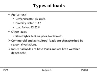 Types of loads
    Agricultural
       • Demand factor: 90-100%
       • Diversity factor: 1-1.5
       • Load factor: 15-25%
    Other loads
       • Street lights, bulk supplies, traction etc.
    Commercial and agricultural loads are characterized by
     seasonal variations.
    Industrial loads are base loads and are little weather
     dependent.




PSPR                             Lecture-1               (Pabla)
 