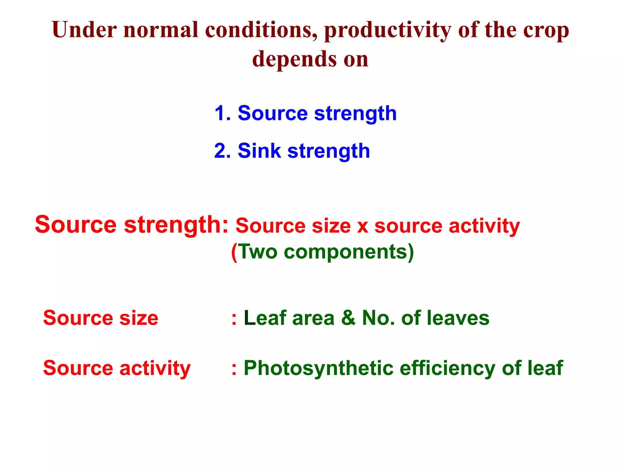 Under normal conditions, productivity of the crop
depends on
Source size : Leaf area & No. of leaves
Source activity : Photosynthetic efficiency of leaf
Source strength: Source size x source activity
(Two components)
1. Source strength
2. Sink strength
 