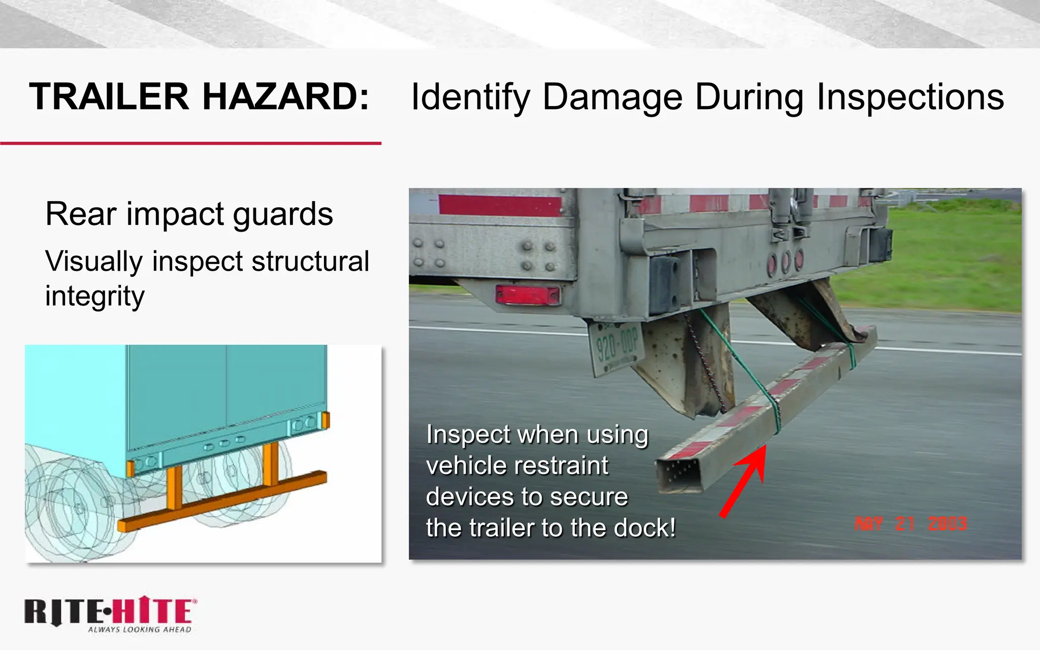 TRAILER HAZARD: Identify Damage During Inspections
Inspect when using
vehicle restraint
devices to secure
the trailer to the dock!
Rear impact guards
Visually inspect structural
integrity
 