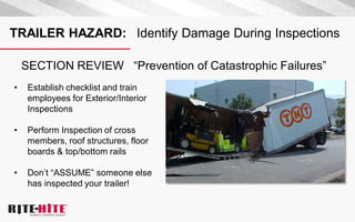 TRAILER HAZARD: Identify Damage During Inspections
• Establish checklist and train
employees for Exterior/Interior
Inspections
• Perform Inspection of cross
members, roof structures, floor
boards & top/bottom rails
• Don’t “ASSUME” someone else
has inspected your trailer!
SECTION REVIEW “Prevention of Catastrophic Failures”
 