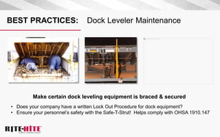 BEST PRACTICES: Dock Leveler Maintenance
Make certain dock leveling equipment is braced & secured
• Does your company have a written Lock Out Procedure for dock equipment?
• Ensure your personnel’s safety with the Safe-T-Strut! Helps comply with OHSA 1910.147
 