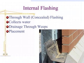 Internal Flashing Through Wall (Concealed) Flashing Collects water Drainage Through Weeps Placement 