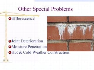 Other Special Problems Efflorescence Joint Deterioration Moisture Penetration Hot & Cold Weather Construction 