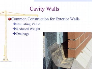 Cavity Walls Common Construction for Exterior Walls Insulating Value Reduced Weight Drainage 