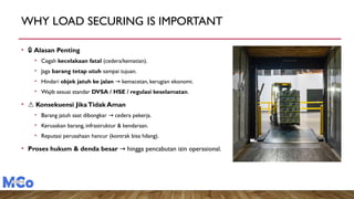 WHY LOAD SECURING IS IMPORTANT
• 🔒 Alasan Penting
• Cegah kecelakaan fatal (cedera/kematian).
• Jaga barang tetap utuh sampai tujuan.
• Hindari objek jatuh ke jalan kemacetan, kerugian ekonomi.
→
• Wajib sesuai standar DVSA / HSE / regulasi keselamatan.
• ⚠️Konsekuensi JikaTidak Aman
• Barang jatuh saat dibongkar cedera pekerja.
→
• Kerusakan barang, infrastruktur & kendaraan.
• Reputasi perusahaan hancur (kontrak bisa hilang).
• Proses hukum & denda besar hingga pencabutan izin operasional.
→
 