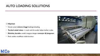 AUTO LOADING SOLUTIONS
🔹 Slipchain
• Cocok untuk volume tinggi loading/unloading.
• Tombol sekali tekan track naik & transfer beban ke/dari trailer.
→
• Modular, durable, mudah integrasi dengan conveyor & bangunan.
• Perlu sedikit modifikasi trailer/struktur.
 