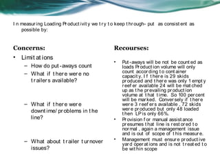 I n measur ing Loading Pr oduct ivit y we t r y t o keep t hr ough- put as consist ent as 
possible by: 
Concerns: 
• Limit at ions 
– How do put -aways count 
– What if t her e wer e no 
t r ailer s available? 
– What if t her e wer e 
downt ime/ pr oblems in t he 
line? 
– What about t r ailer t ur nover 
issues? 
Recourses: 
• Put -aways will be not be count ed as 
loads Pr oduct ion volume will only 
count accor ding t o cont ainer 
capacit y. I f t her e is 29 skids 
pr oduced and t her e was only 1 empt y 
r eef er available 24 will be mat ched 
up as t he pr evailing pr oduct ion 
volume at t hat t ime. So 100 per cent 
will be mar ked. Conver sely if t her e 
wer e 3 r eef er s available , 72 skids 
wer e pr oduced but only 48 loaded 
t hen LP is only 66%. 
• Pr ovision f or manual assist ance 
pr esumes t hat line is r est or ed t o 
normal , again a management issue 
and is out of scope of t his measur e. 
• Management must ensur e pr oduct ive 
yar d oper at ions and is not t r eat ed t o 
be wit hin scope 
 