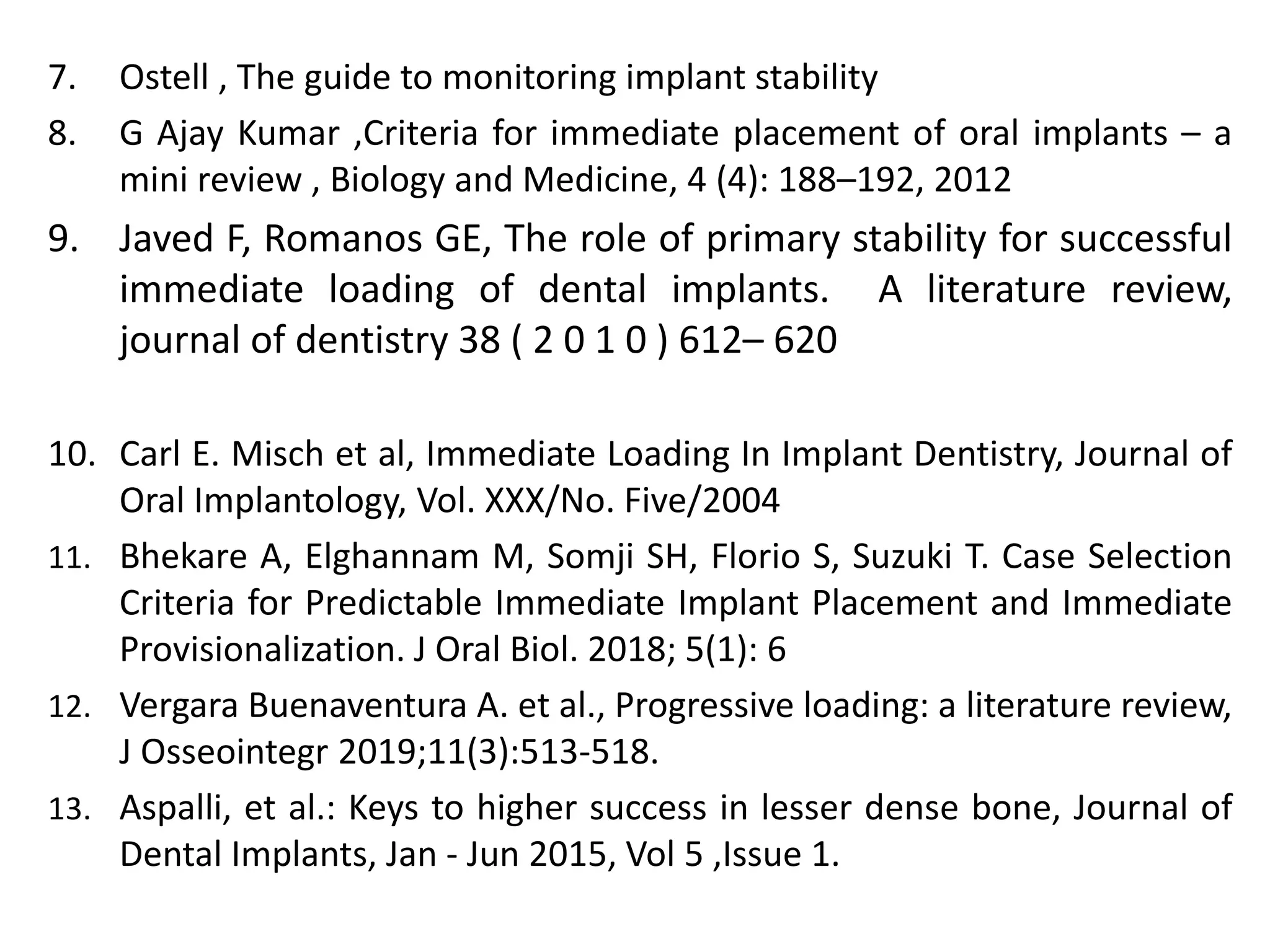 7. Ostell , The guide to monitoring implant stability
8. G Ajay Kumar ,Criteria for immediate placement of oral implants – a
mini review , Biology and Medicine, 4 (4): 188–192, 2012
9. Javed F, Romanos GE, The role of primary stability for successful
immediate loading of dental implants. A literature review,
journal of dentistry 38 ( 2 0 1 0 ) 612– 620
10. Carl E. Misch et al, Immediate Loading In Implant Dentistry, Journal of
Oral Implantology, Vol. XXX/No. Five/2004
11. Bhekare A, Elghannam M, Somji SH, Florio S, Suzuki T. Case Selection
Criteria for Predictable Immediate Implant Placement and Immediate
Provisionalization. J Oral Biol. 2018; 5(1): 6
12. Vergara Buenaventura A. et al., Progressive loading: a literature review,
J Osseointegr 2019;11(3):513-518.
13. Aspalli, et al.: Keys to higher success in lesser dense bone, Journal of
Dental Implants, Jan - Jun 2015, Vol 5 ,Issue 1.
 