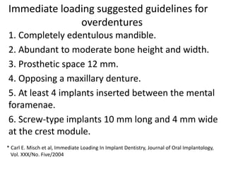 Immediate loading suggested guidelines for
overdentures
1. Completely edentulous mandible.
2. Abundant to moderate bone height and width.
3. Prosthetic space 12 mm.
4. Opposing a maxillary denture.
5. At least 4 implants inserted between the mental
foramenae.
6. Screw-type implants 10 mm long and 4 mm wide
at the crest module.
* Carl E. Misch et al, Immediate Loading In Implant Dentistry, Journal of Oral Implantology,
Vol. XXX/No. Five/2004
 