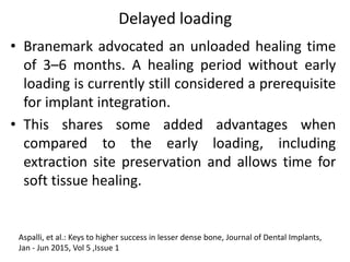 Delayed loading
• Branemark advocated an unloaded healing time
of 3–6 months. A healing period without early
loading is currently still considered a prerequisite
for implant integration.
• This shares some added advantages when
compared to the early loading, including
extraction site preservation and allows time for
soft tissue healing.
Aspalli, et al.: Keys to higher success in lesser dense bone, Journal of Dental Implants,
Jan - Jun 2015, Vol 5 ,Issue 1
 