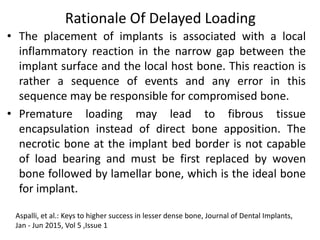 Rationale Of Delayed Loading
• The placement of implants is associated with a local
inflammatory reaction in the narrow gap between the
implant surface and the local host bone. This reaction is
rather a sequence of events and any error in this
sequence may be responsible for compromised bone.
• Premature loading may lead to fibrous tissue
encapsulation instead of direct bone apposition. The
necrotic bone at the implant bed border is not capable
of load bearing and must be first replaced by woven
bone followed by lamellar bone, which is the ideal bone
for implant.
Aspalli, et al.: Keys to higher success in lesser dense bone, Journal of Dental Implants,
Jan - Jun 2015, Vol 5 ,Issue 1
 
