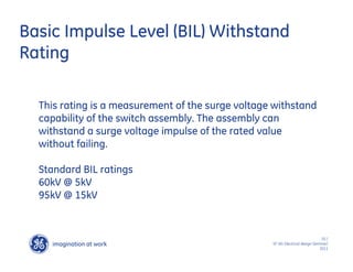 imagination at work
g
20 /
SF IAS Electrical design Seminar/
2011
Basic Impulse Level (BIL) Withstand
Rating
This rating is a measurement of the surge voltage withstand
capability of the switch assembly. The assembly can
withstand a surge voltage impulse of the rated value
without failing.
Standard BIL ratings
60kV @ 5kV
95kV @ 15kV
 