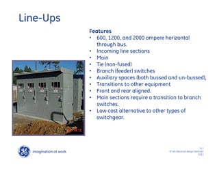 imagination at work
g
25 /
SF IAS Electrical design Seminar/
2011
Line-Ups
Features
• 600, 1200, and 2000 ampere horizontal
through bus.
• Incoming line sections
• Main
• Tie (non-fused)
• Branch (feeder) switches
• Auxiliary spaces (both bussed and un-bussed),
• Transitions to other equipment
• Front and rear aligned.
• Main sections require a transition to branch
switches.
• Low cost alternative to other types of
switchgear.
 