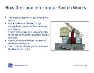 imagination at work
g
4 /
SF IAS Electrical design Seminar/
2011
How the Load Interrupter Switch Works
• Two-position (open/closed), three-pole
switch.
• Quick make/quick break spring-
charged mechanism for both opening
and closing.
• Switch contact speed is independent of
the speed at which the operator handle
is moved.
• Operated externally from the front of
the switch enclosure.
• Switch blades disengage and interrupt
the flow of electricity.
 