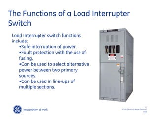 imagination at work
g
5 /
SF IAS Electrical design Seminar/
2011
The Functions of a Load Interrupter
Switch
Load Interrupter switch functions
include:
•Safe interruption of power.
•Fault protection with the use of
fusing.
•Can be used to select alternative
power between two primary
sources.
•Can be used in line-ups of
multiple sections.
 