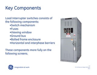 imagination at work
g
6 /
SF IAS Electrical design Seminar/
2011
Key Components
Load Interrupter switches consists of
the following components:
•Switch mechanism
•Fuses
•Viewing window
•Ground bus
•Bolted frame enclosure
•Horizontal and interphase barriers
These components more fully on the
following screens.
 