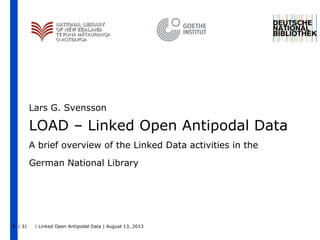 Lars G. Svensson

LOAD – Linked Open Antipodal Data
A brief overview of the Linked Data activities in the
German National Library

1 | 31

| Linked Open Antipodal Data | August 13, 2013

 