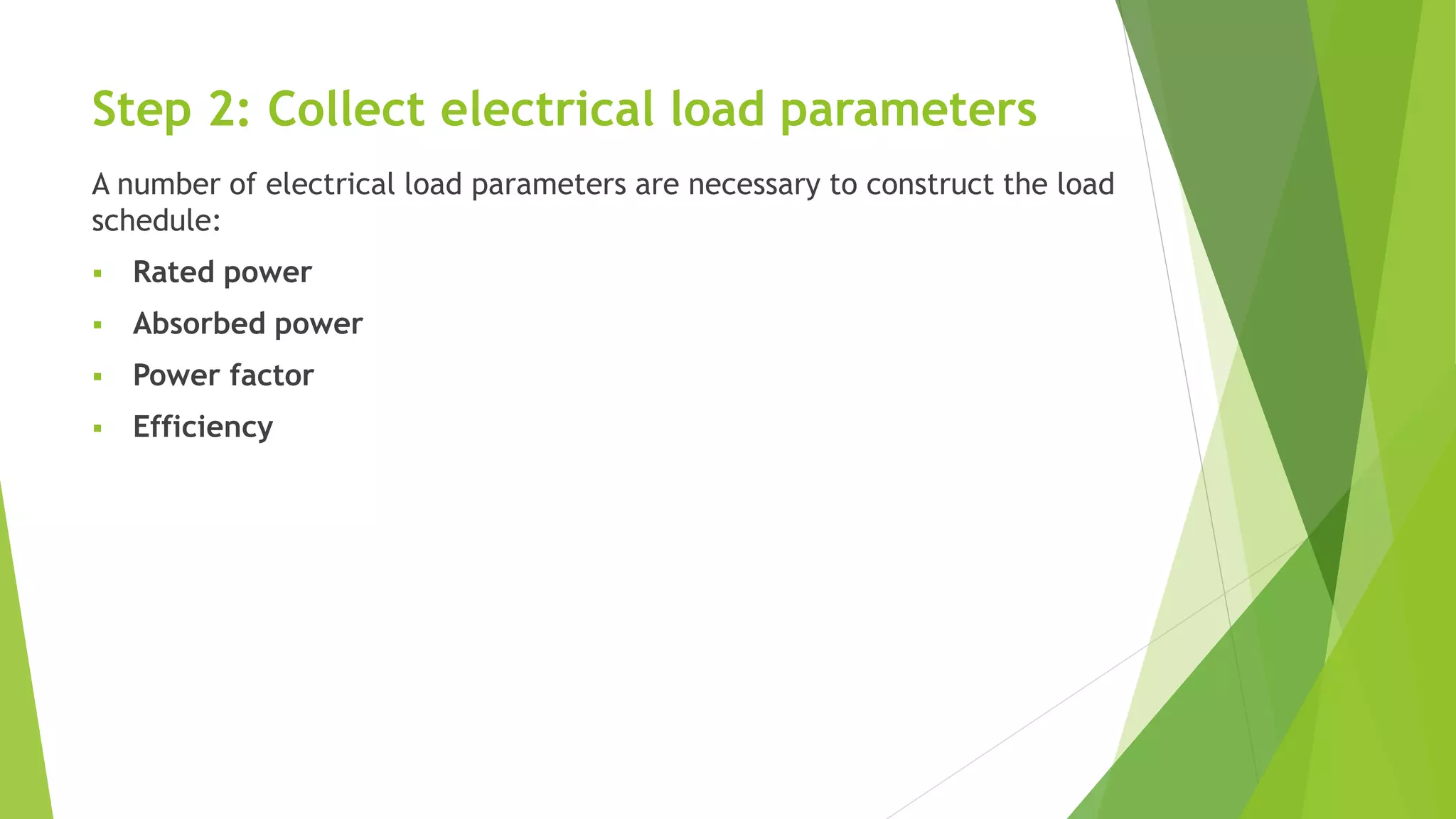 Step 2: Collect electrical load parameters 
A number of electrical load parameters are necessary to construct the load 
schedule: 
 Rated power 
 Absorbed power 
 Power factor 
 Efficiency 
 