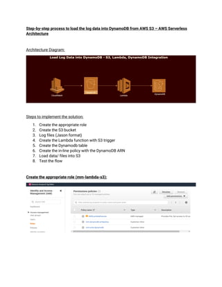 Step-by-step process to load the log data into DynamoDB from AWS S3 – AWS Serverless
Architecture
Architecture Diagram:
Steps to implement the solution:
1. Create the appropriate role
2. Create the S3 bucket
3. Log files (Jason format)
4. Create the Lambda function with S3 trigger
5. Create the Dynamodb table
6. Create the in-line policy with the DynamoDB ARN
7. Load data/ files into S3
8. Test the flow
Create the appropriate role (mm-lambda-s3):
 